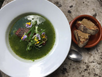 Spring Fish - pan fried Goatsbridge sea trout, wild garlic and dill broth, pickled fennel and sunflower tahini toast